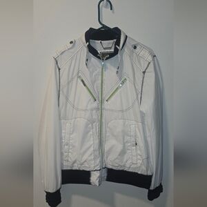Guess Men's White Windbreaker Jacket with Green Zipper Accents